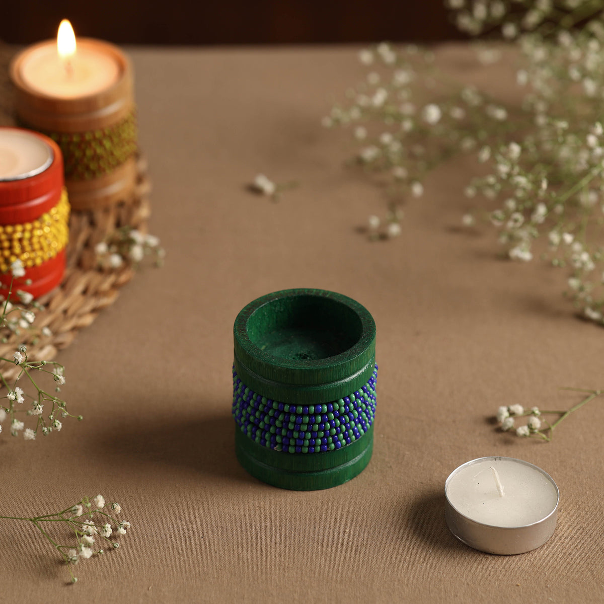 Handmade Bead Work Natural Bamboo Tealight Candle Holder