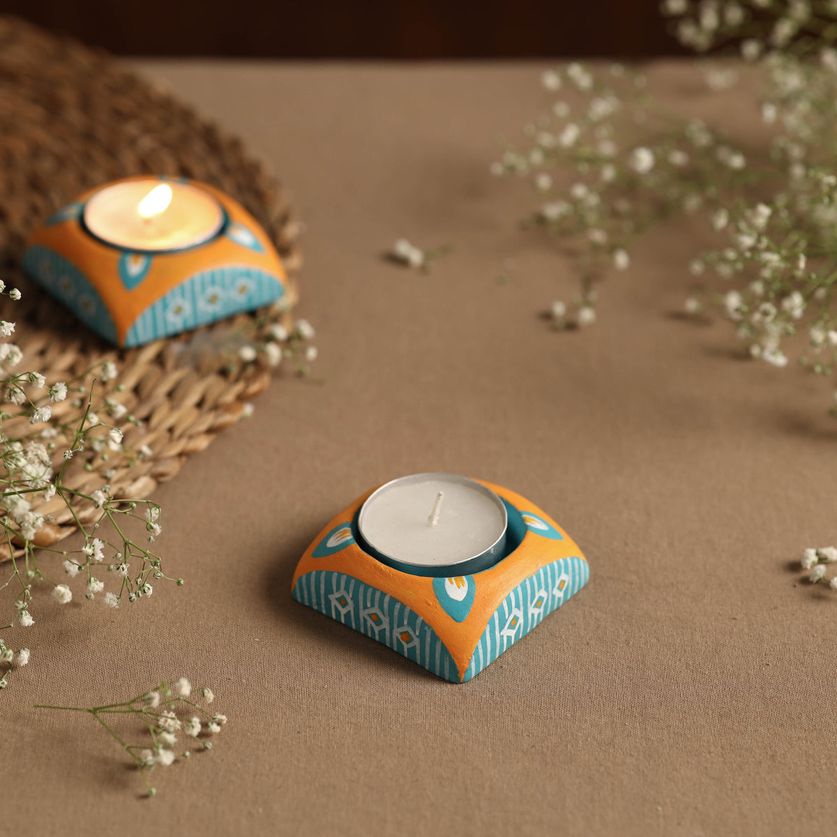 Square - Handpainted Clay Candle Holders (Set of 2)