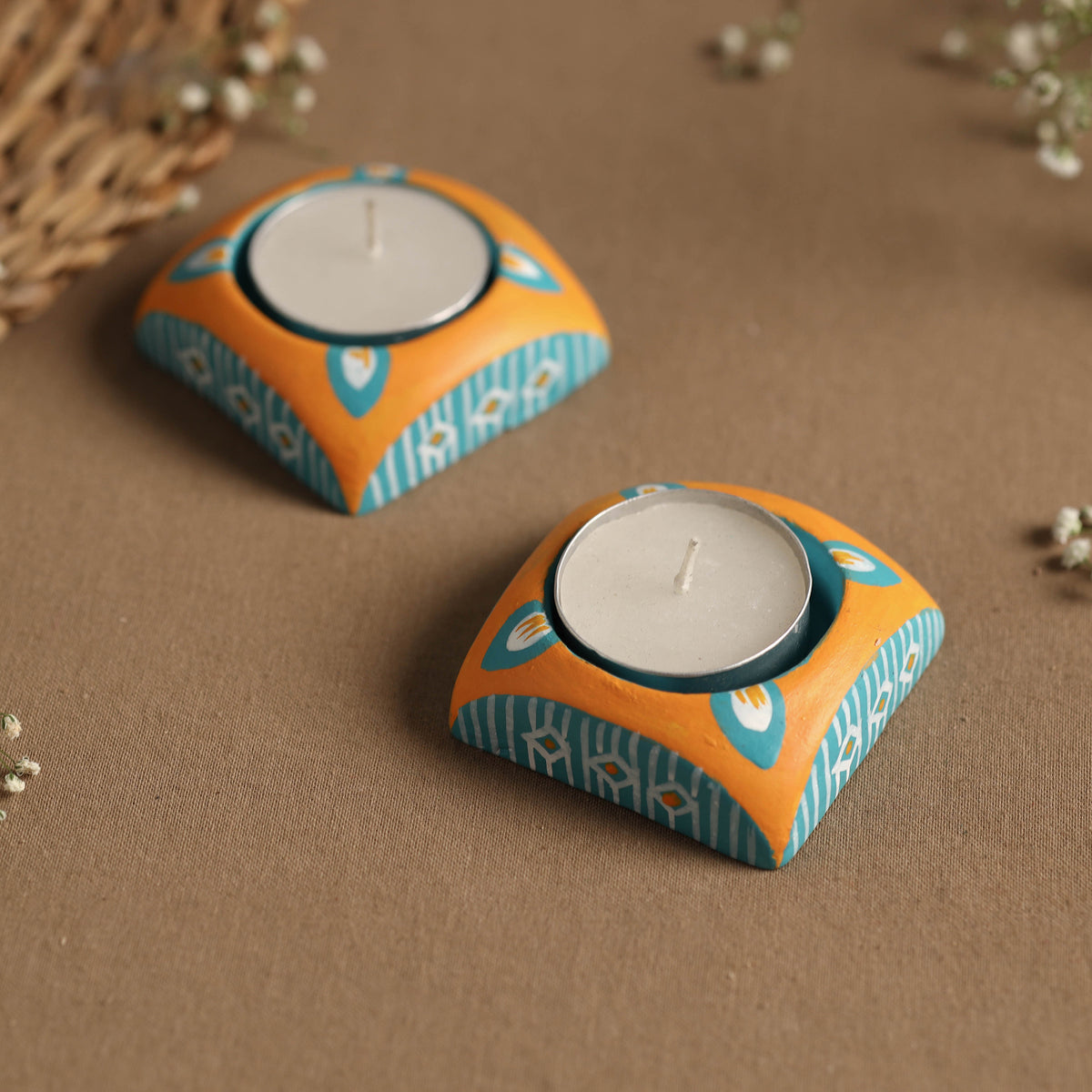 Square - Handpainted Clay Candle Holders (Set of 2)