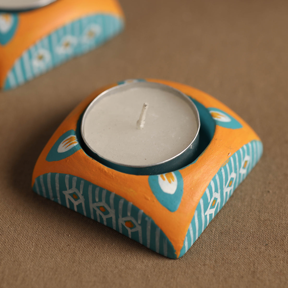 Square - Handpainted Clay Candle Holders (Set of 2)