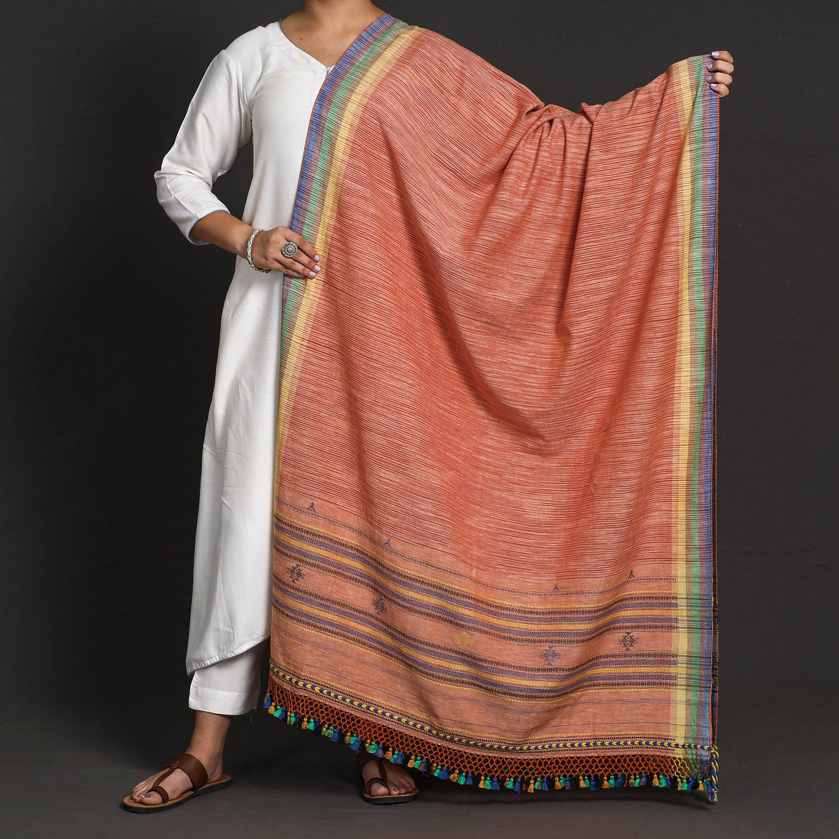 Kutch Bhujodi Weaving Handloom Organic Kala Cotton Dupatta with Tassels