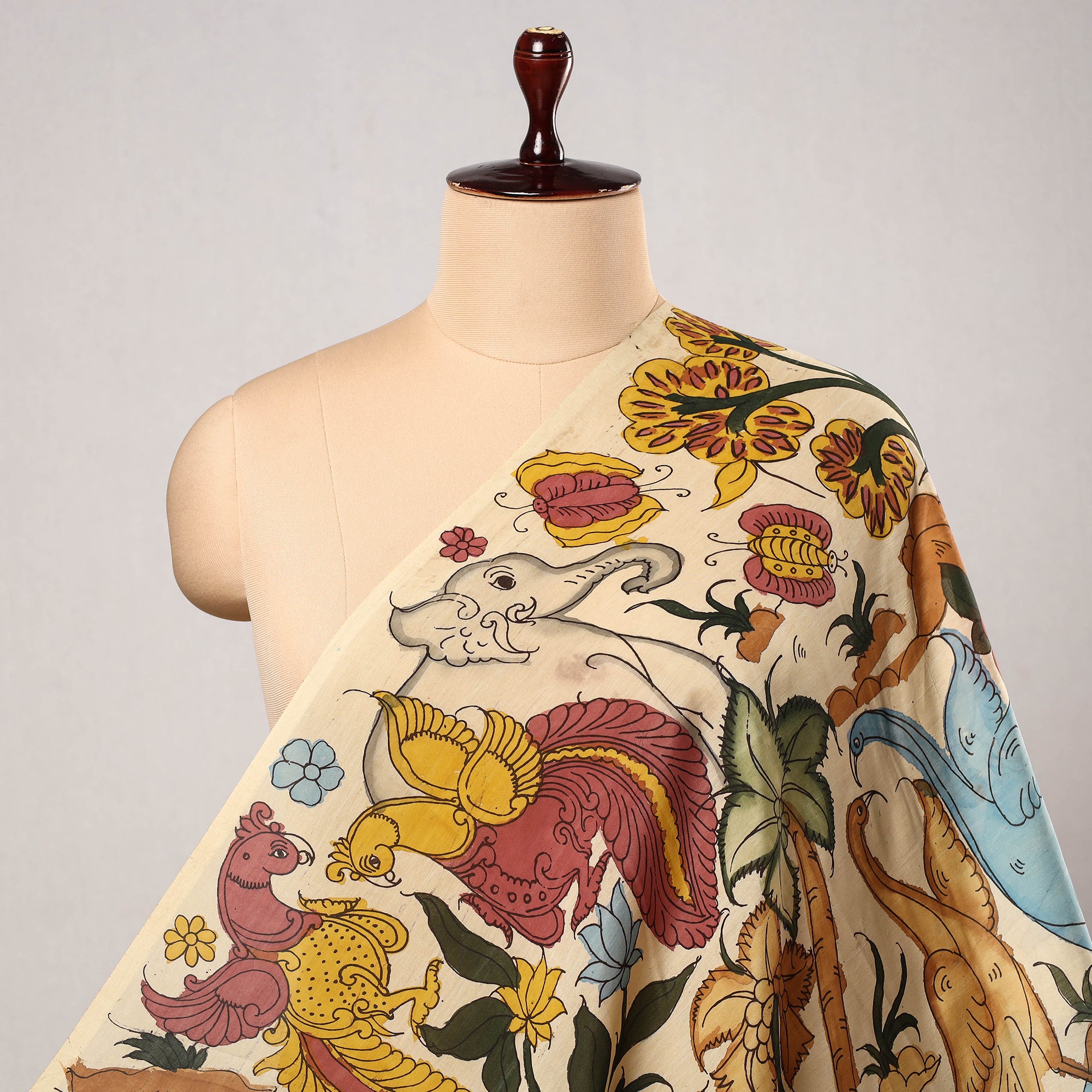 Green - Srikalahasti Handpainted Natural Dyed Bangalore Silk Zari Border Pen Kalamkari Saree 03
