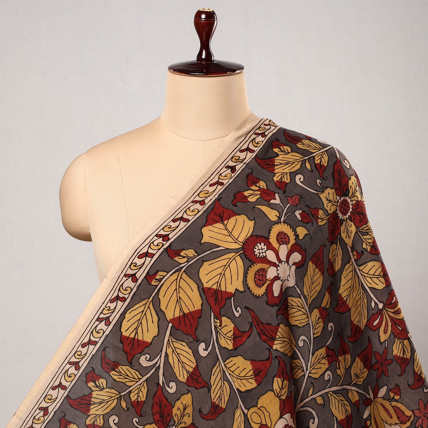 Pastel Red - Srikalahasti Kalamkari Patchwork Plain Linen Cotton A-Line Long Kurta