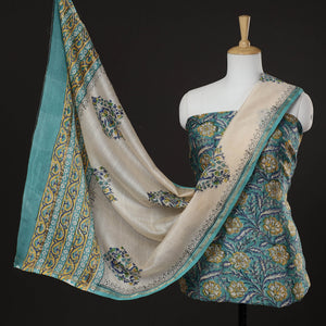 3pc Sanganeri Block Printed Chanderi Silk Suit Material Set