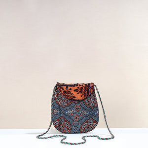 Handcrafted Ajrakh Mashru Silk Sling Bag with Embroidery Flap
