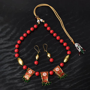Ethnic Series: Red Green Beads & Enamel Work Metal Necklace Set by Bindurekha
