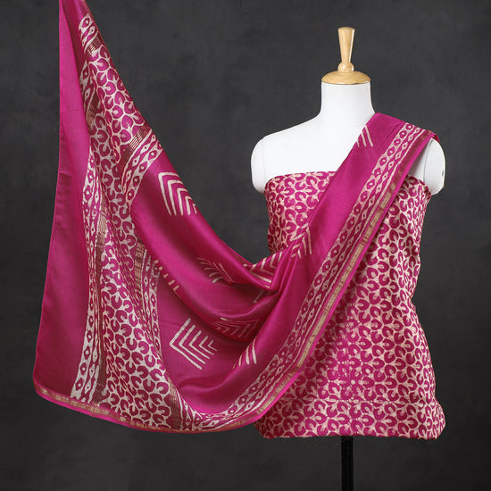 3pc Hand Batik Printed Chanderi Silk Suit Material Set