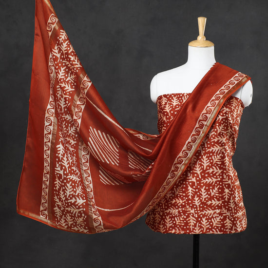 3pc Hand Batik Printed Chanderi Silk Suit Material Set