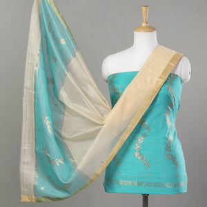 3pc Chanderi Silk Cotton Handloom Flower Zari Buta Suit Material Set