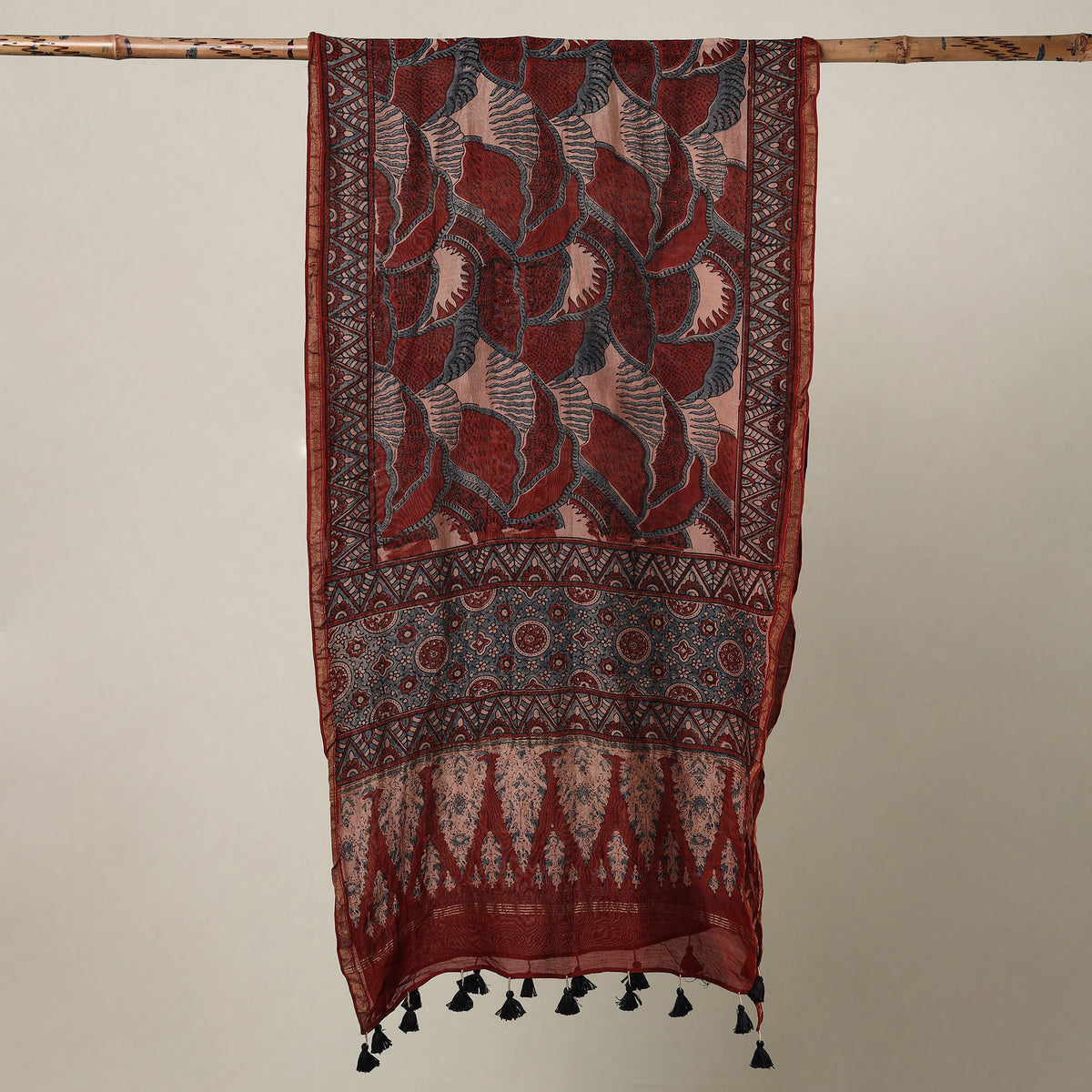 Ajrakh Hand Block Printed Chanderi Silk Handloom Stole with Tassels