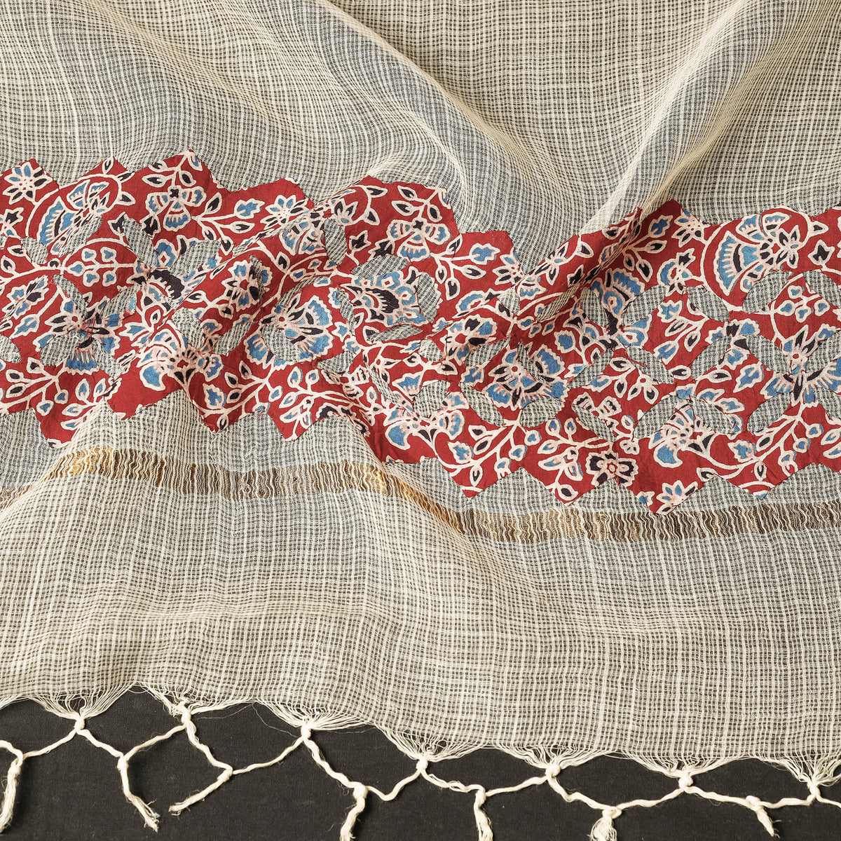 Applique Cut Work Kota Doria Cotton Dupatta with Zari Border