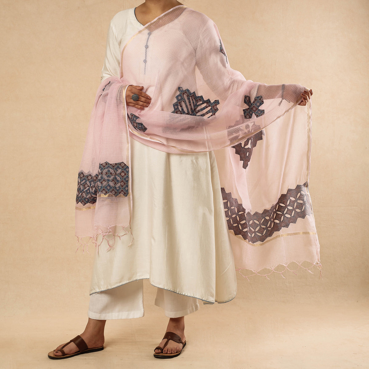 Applique Cut Work Kota Doria Cotton Dupatta with Zari Border