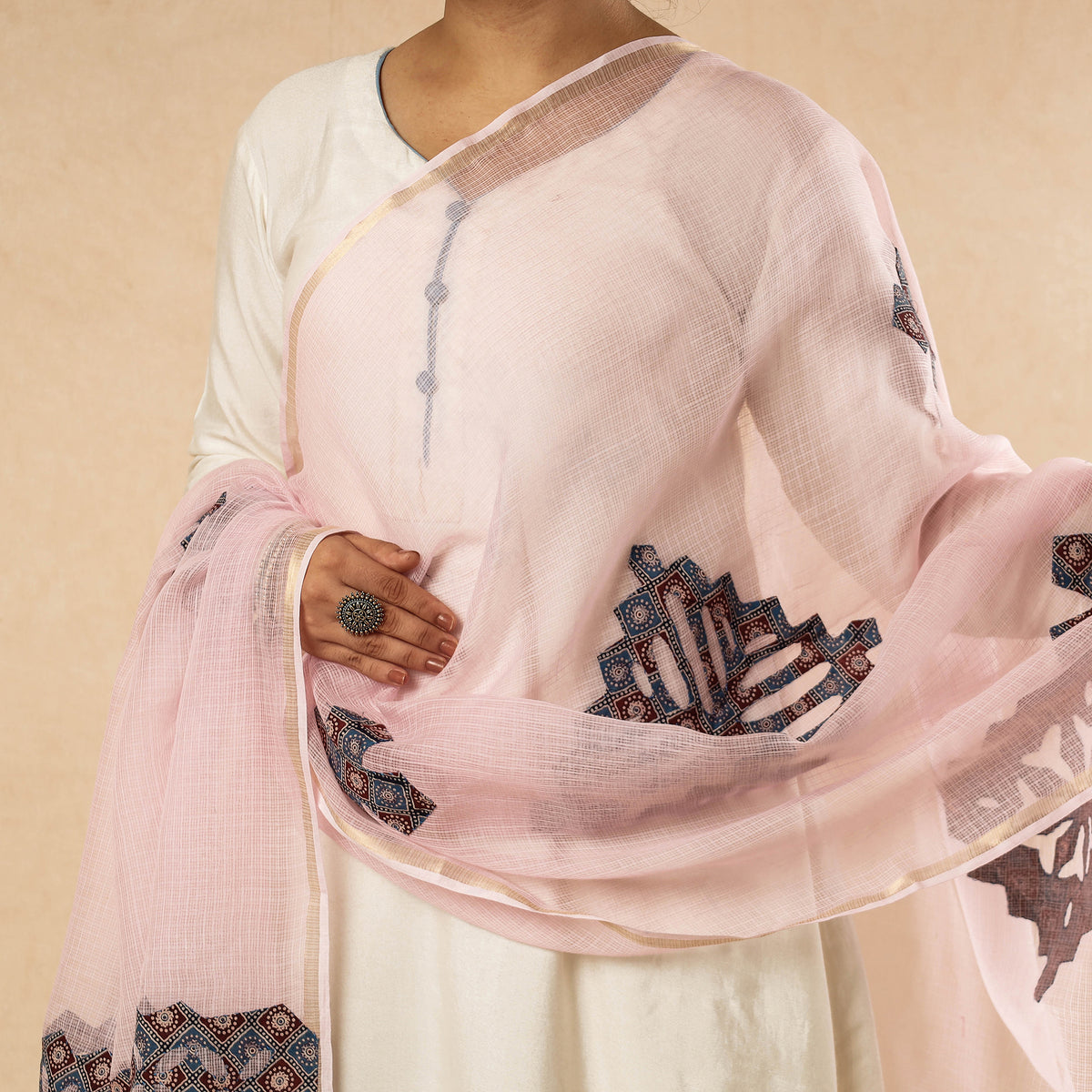 Applique Cut Work Kota Doria Cotton Dupatta with Zari Border