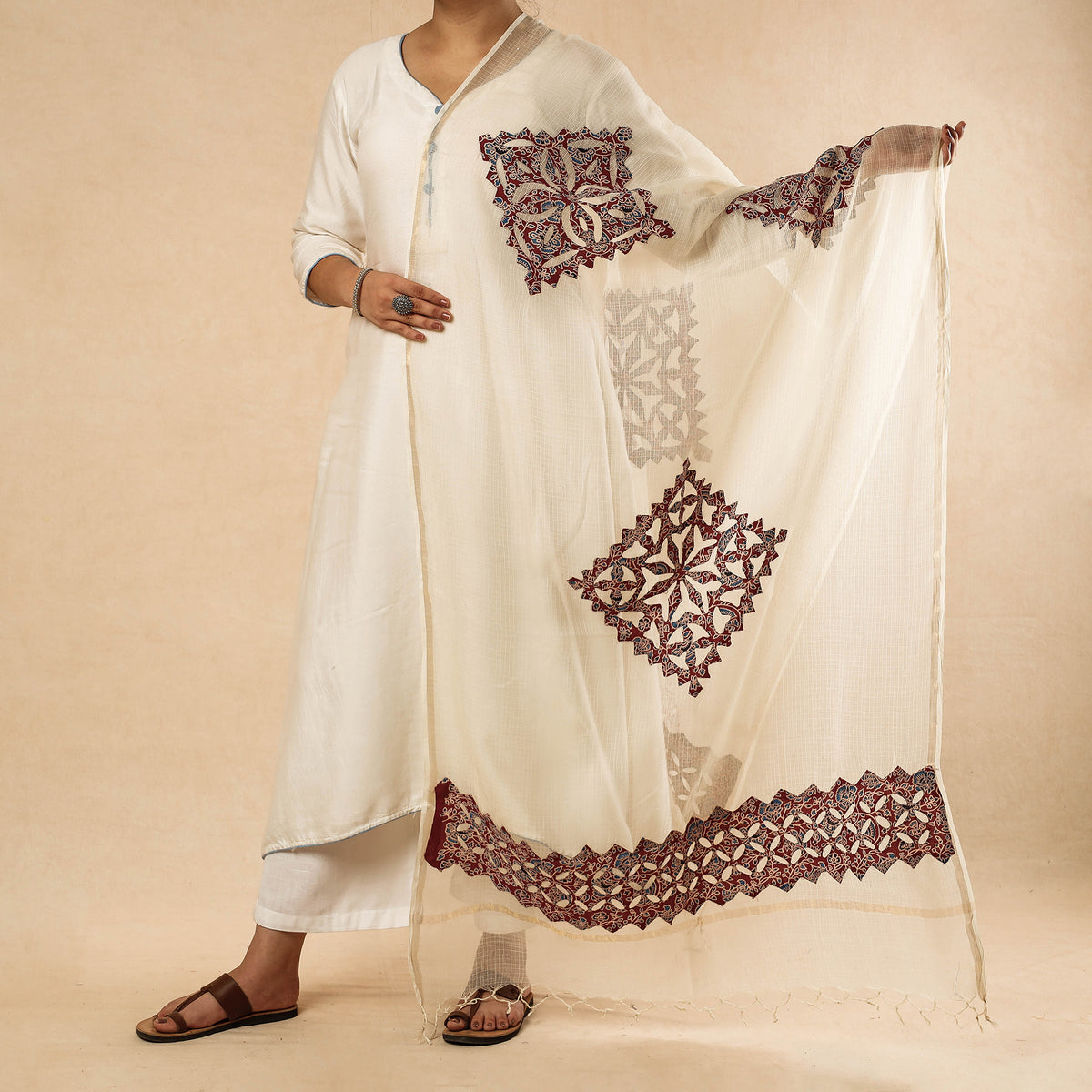 Applique Cut Work Kota Doria Cotton Dupatta with Zari Border