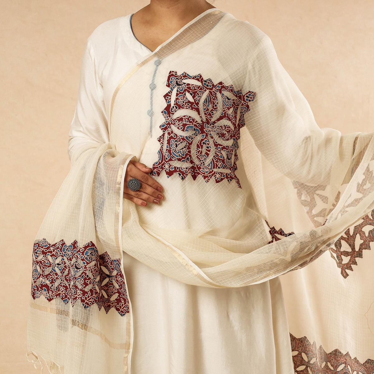 Applique Cut Work Kota Doria Cotton Dupatta with Zari Border