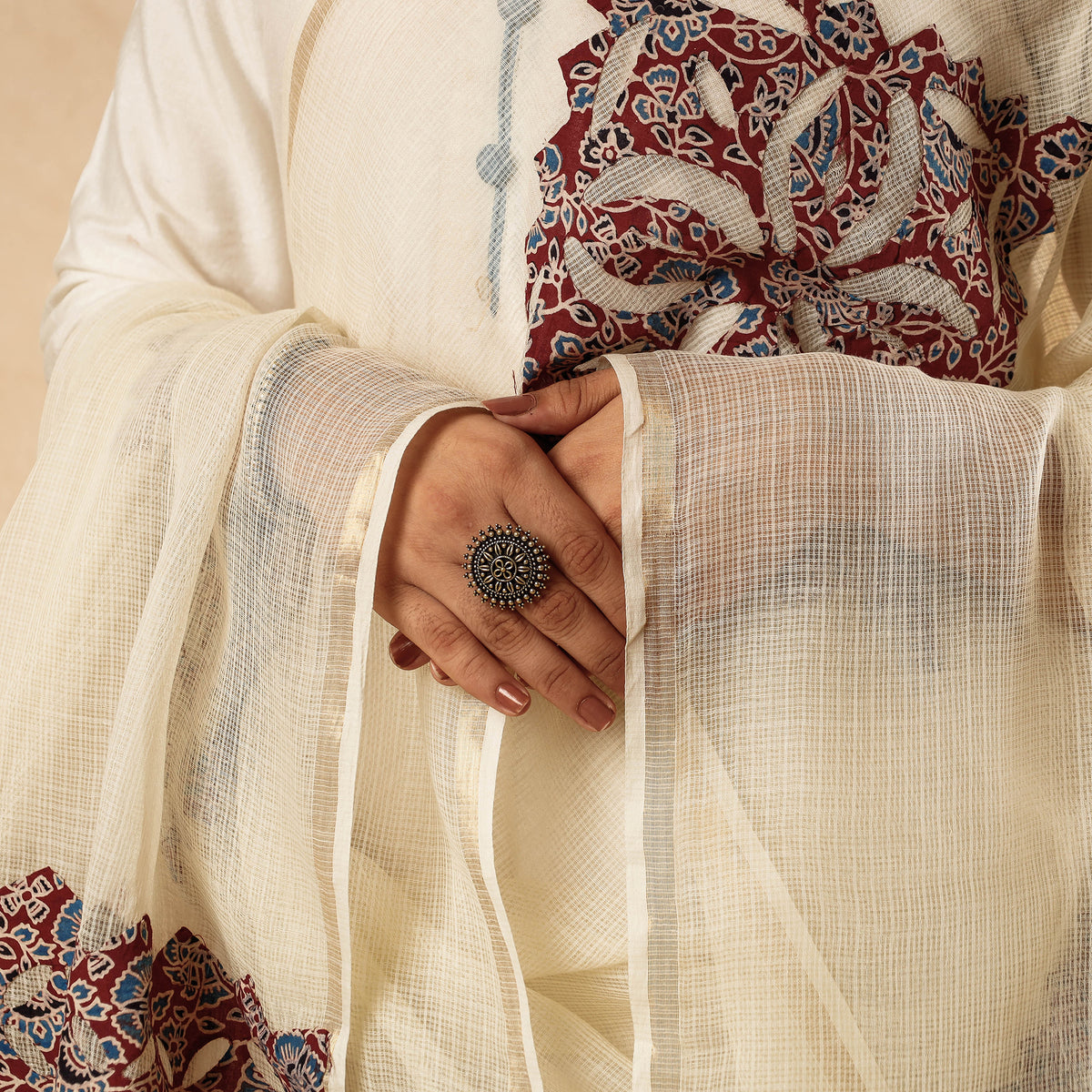 Applique Cut Work Kota Doria Cotton Dupatta with Zari Border