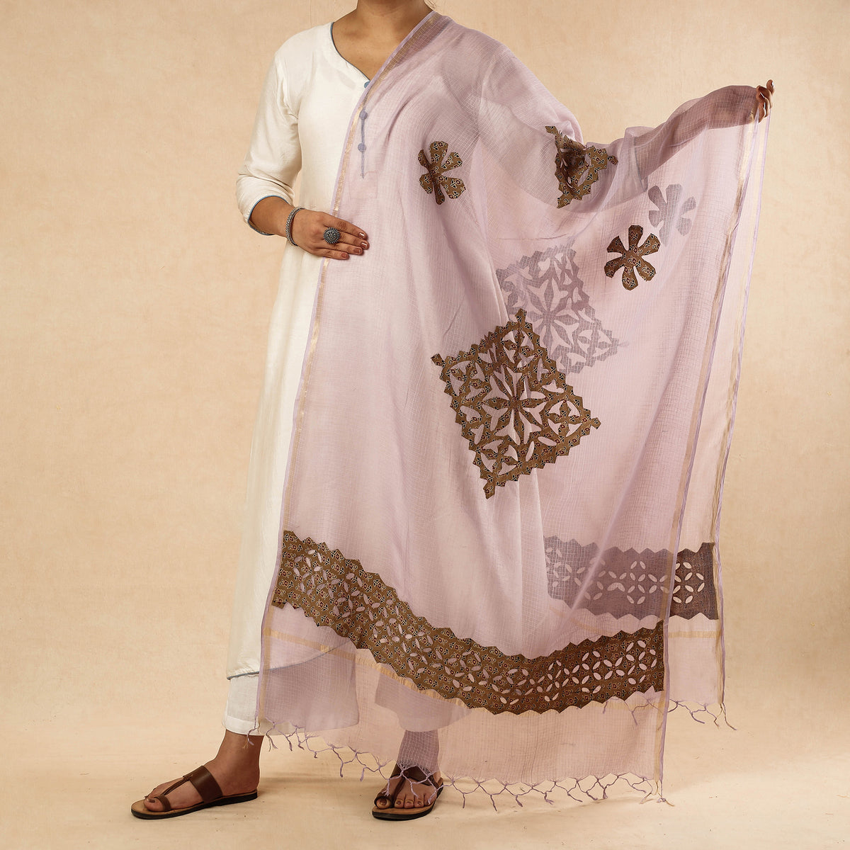 Applique Cut Work Kota Doria Cotton Dupatta with Zari Border