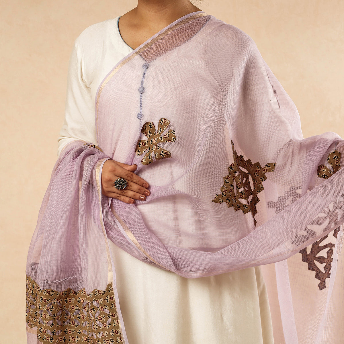 Applique Cut Work Kota Doria Cotton Dupatta with Zari Border