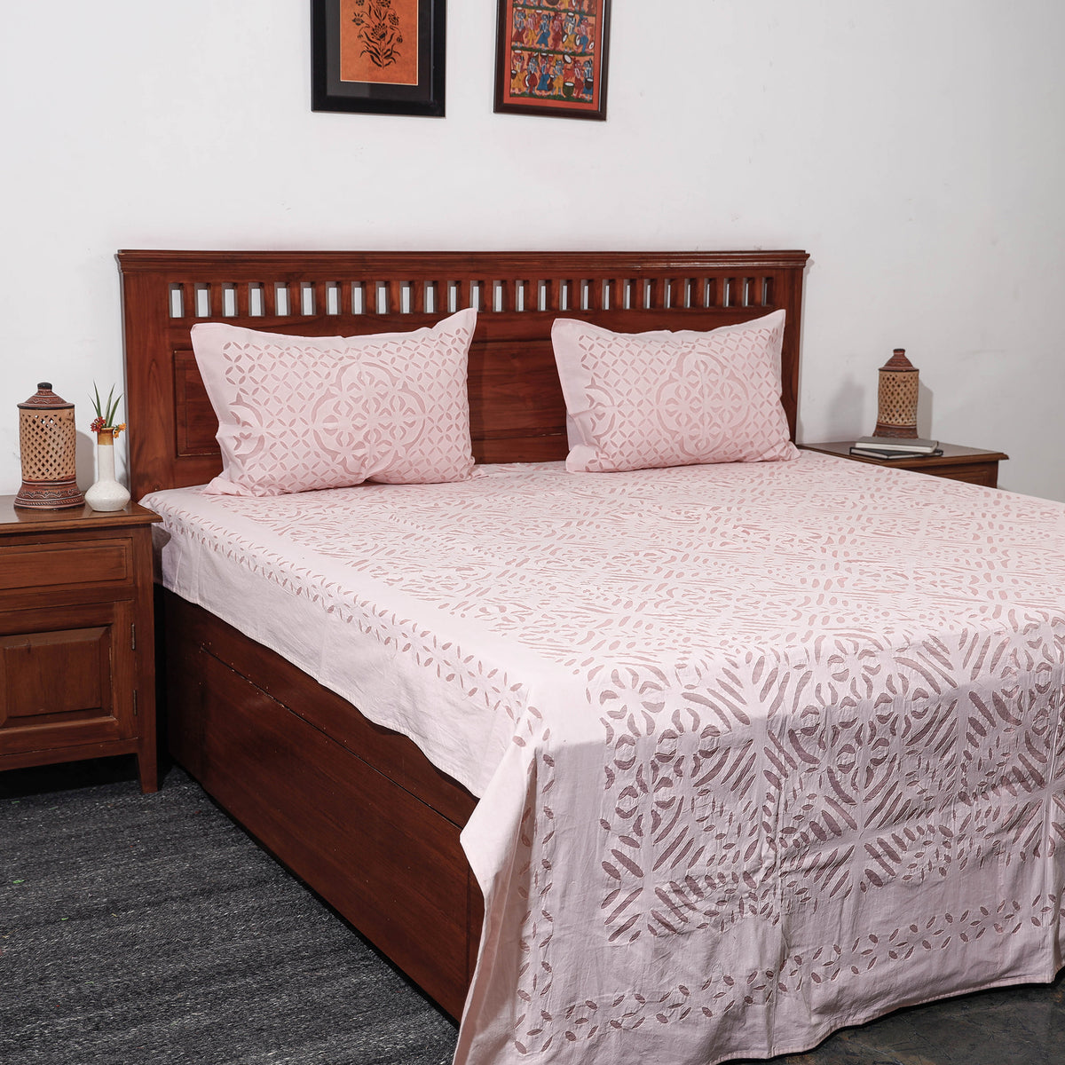 Barmer Applique Cut Work Cotton Double Bed Cover with Pillow Covers (108 x 90 in)