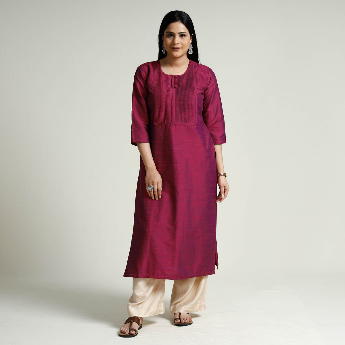Dark Pink Plain Silk Pintuck Long Kurti