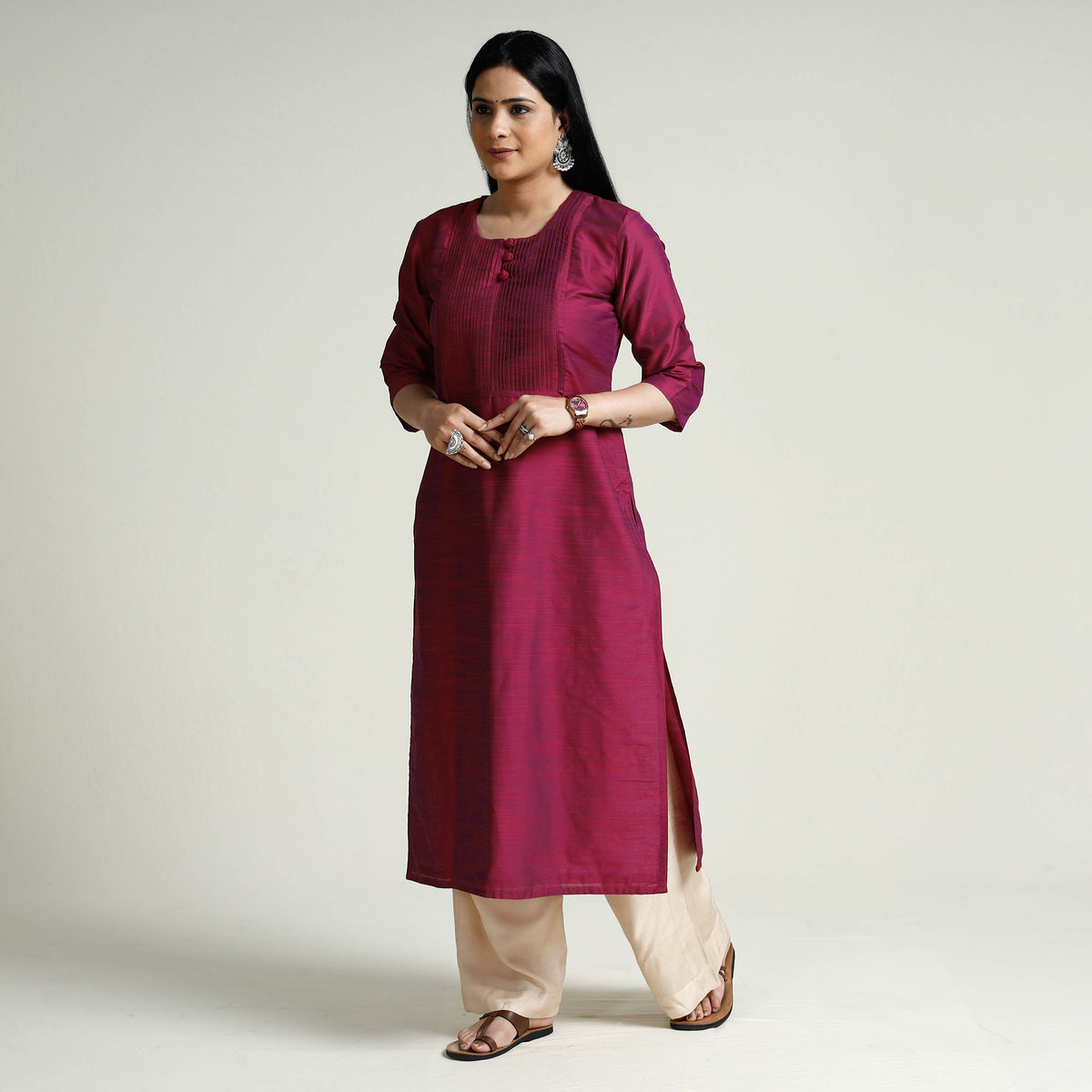 Dark Pink Plain Silk Pintuck Long Kurti