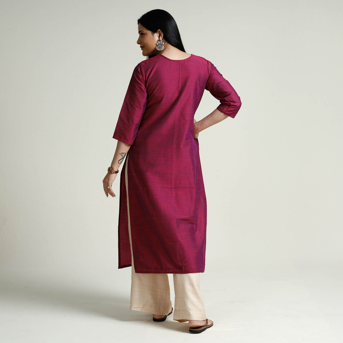 Dark Pink Plain Silk Pintuck Long Kurti