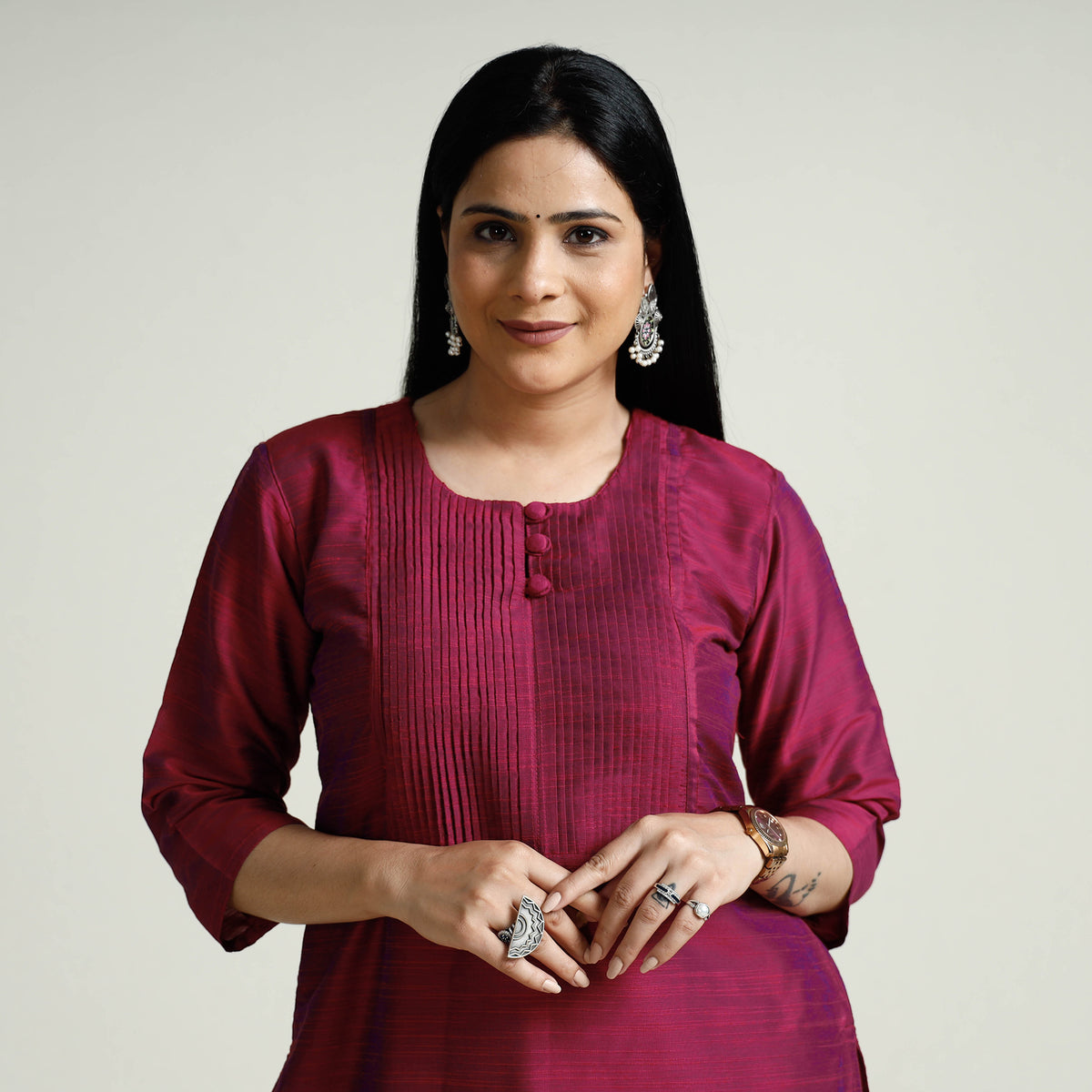 Dark Pink Plain Silk Pintuck Long Kurti