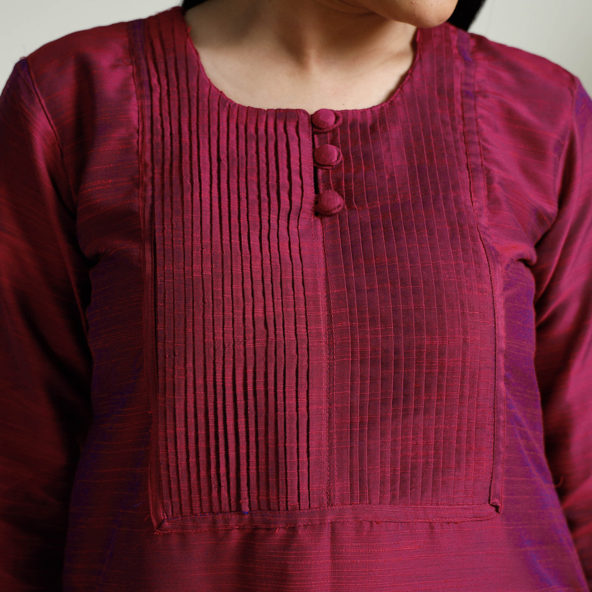 Dark Pink Plain Silk Pintuck Long Kurti