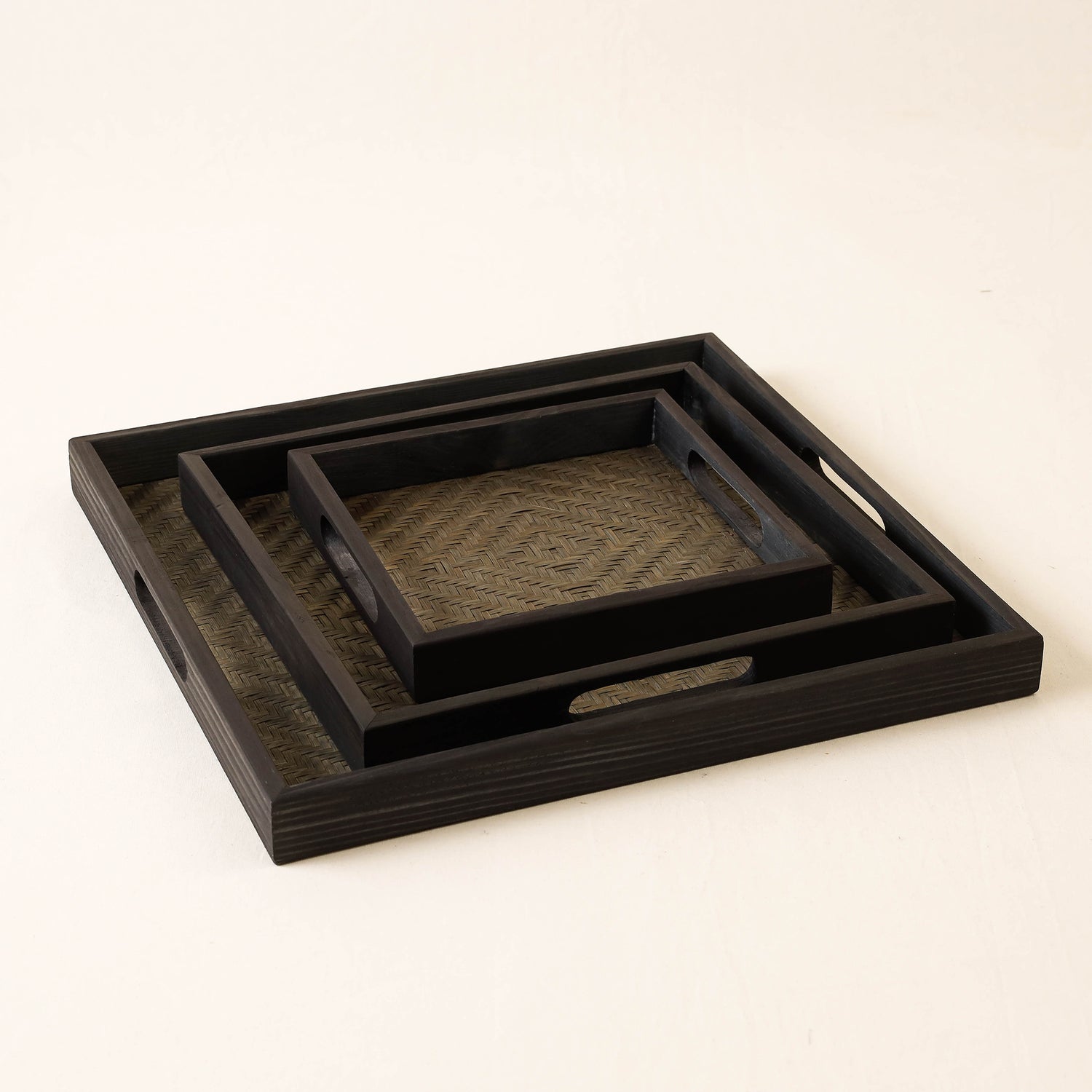 Kadam Haat Handmade Bamboo Square Tray (Black - Set of 3)