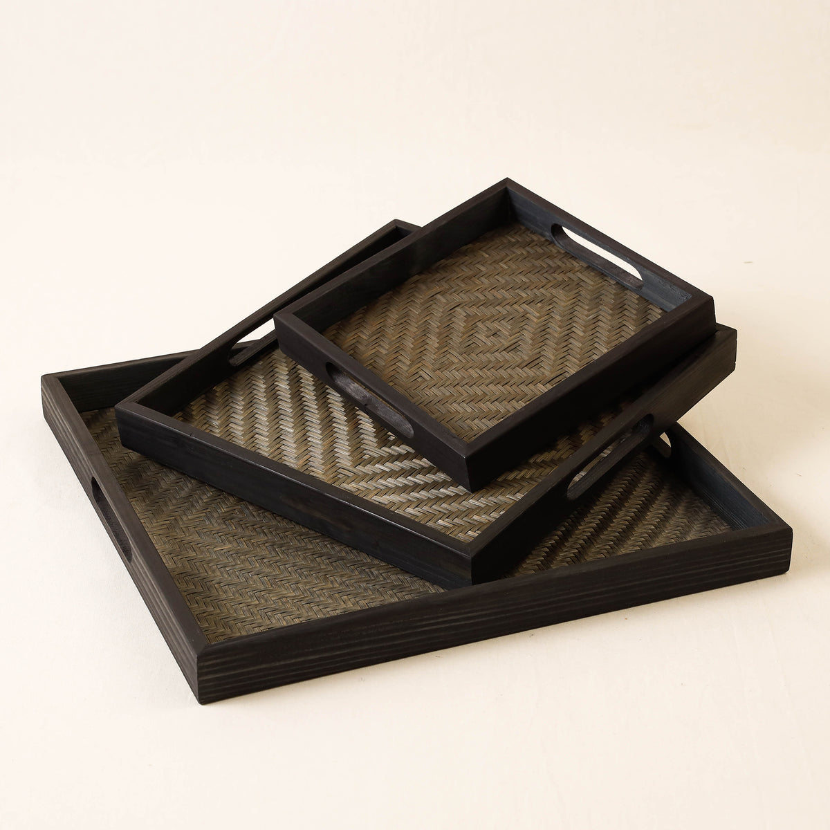 Kadam Haat Handmade Bamboo Square Tray (Black - Set of 3)