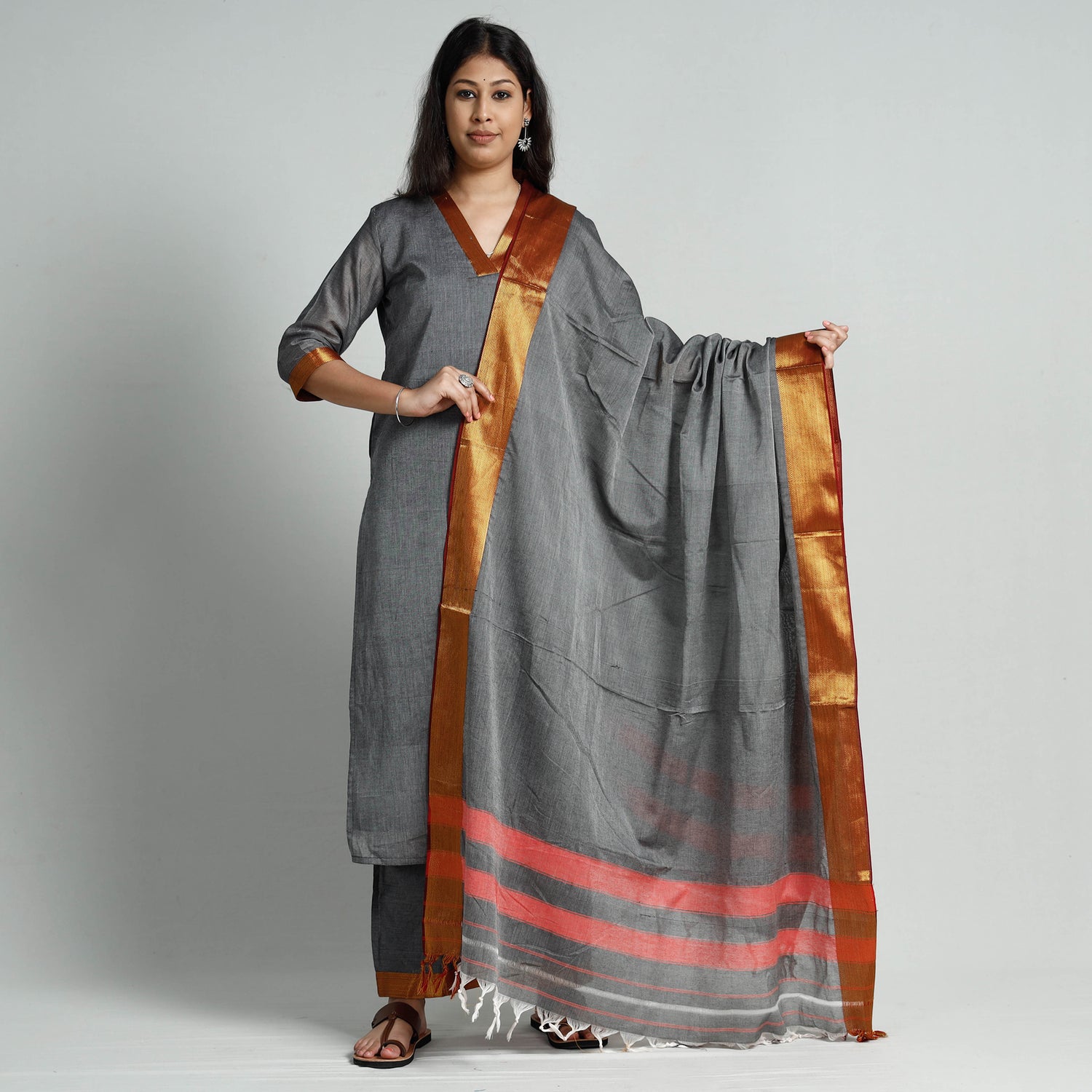 Grey Dharwad Cotton Stitched Kurti with Palazzo & Dupatta Set