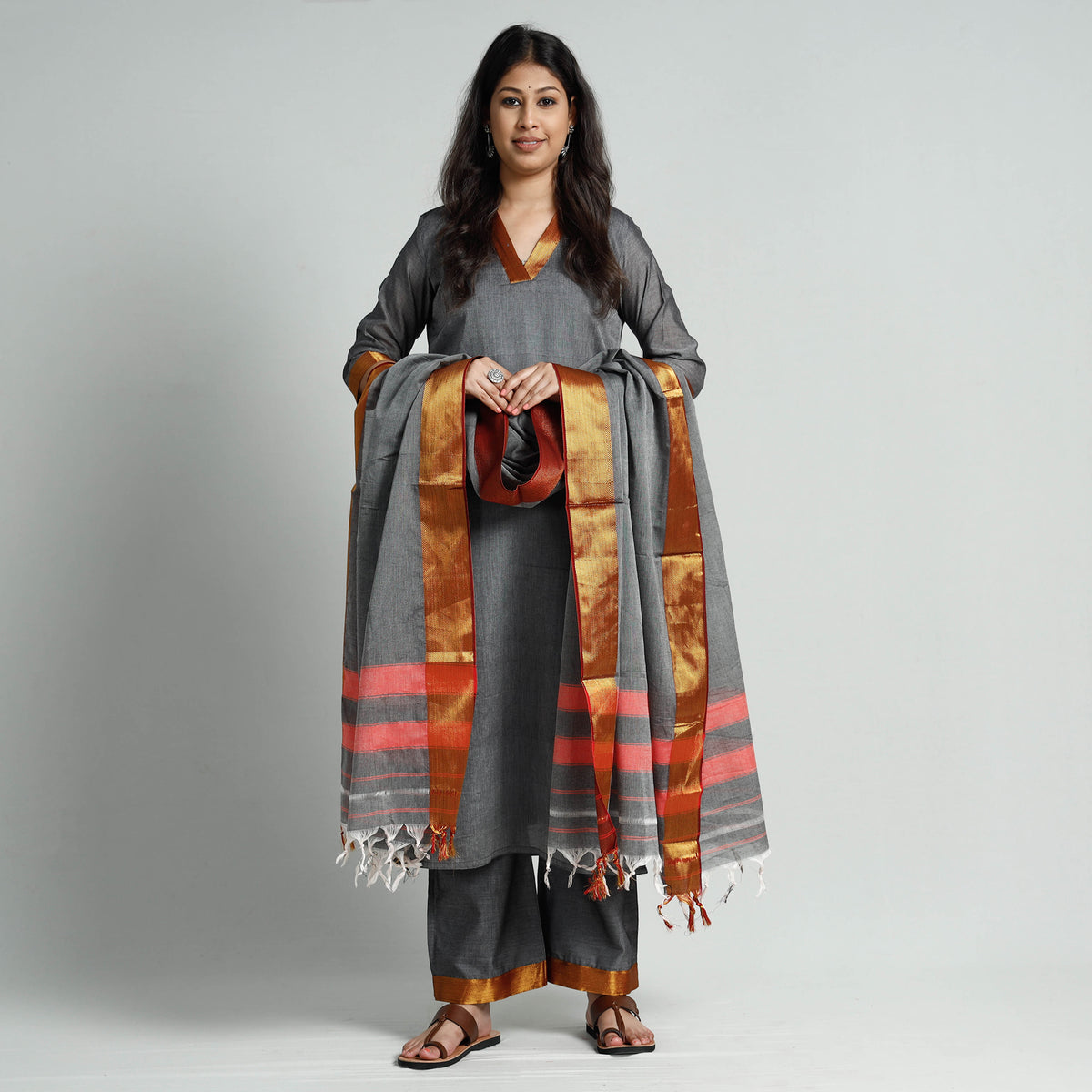 Grey Dharwad Cotton Stitched Kurti with Palazzo &amp; Dupatta Set