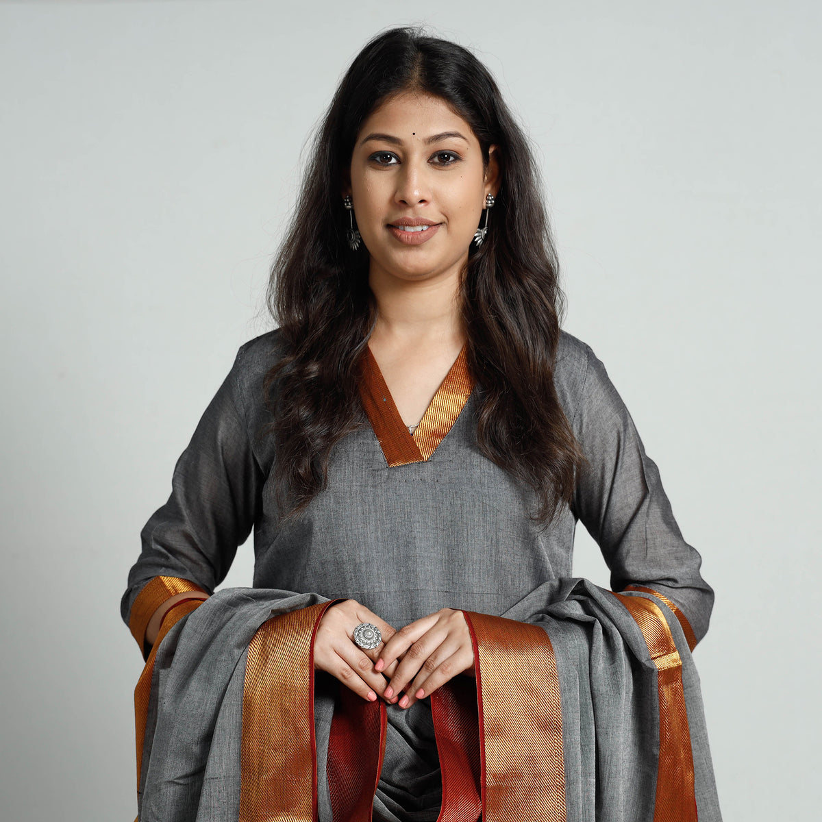 Grey Dharwad Cotton Stitched Kurti with Palazzo &amp; Dupatta Set