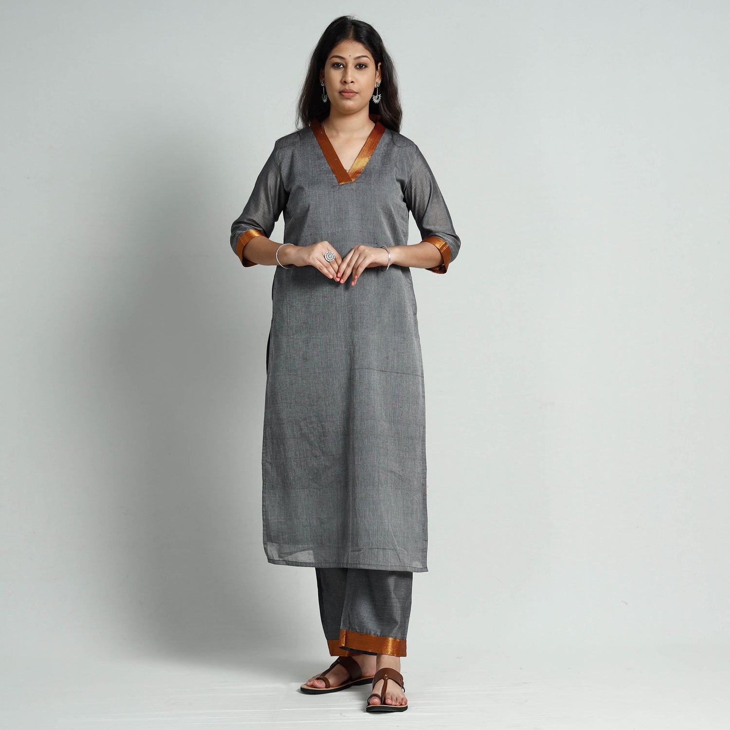 Grey Dharwad Cotton Stitched Kurti with Palazzo & Dupatta Set