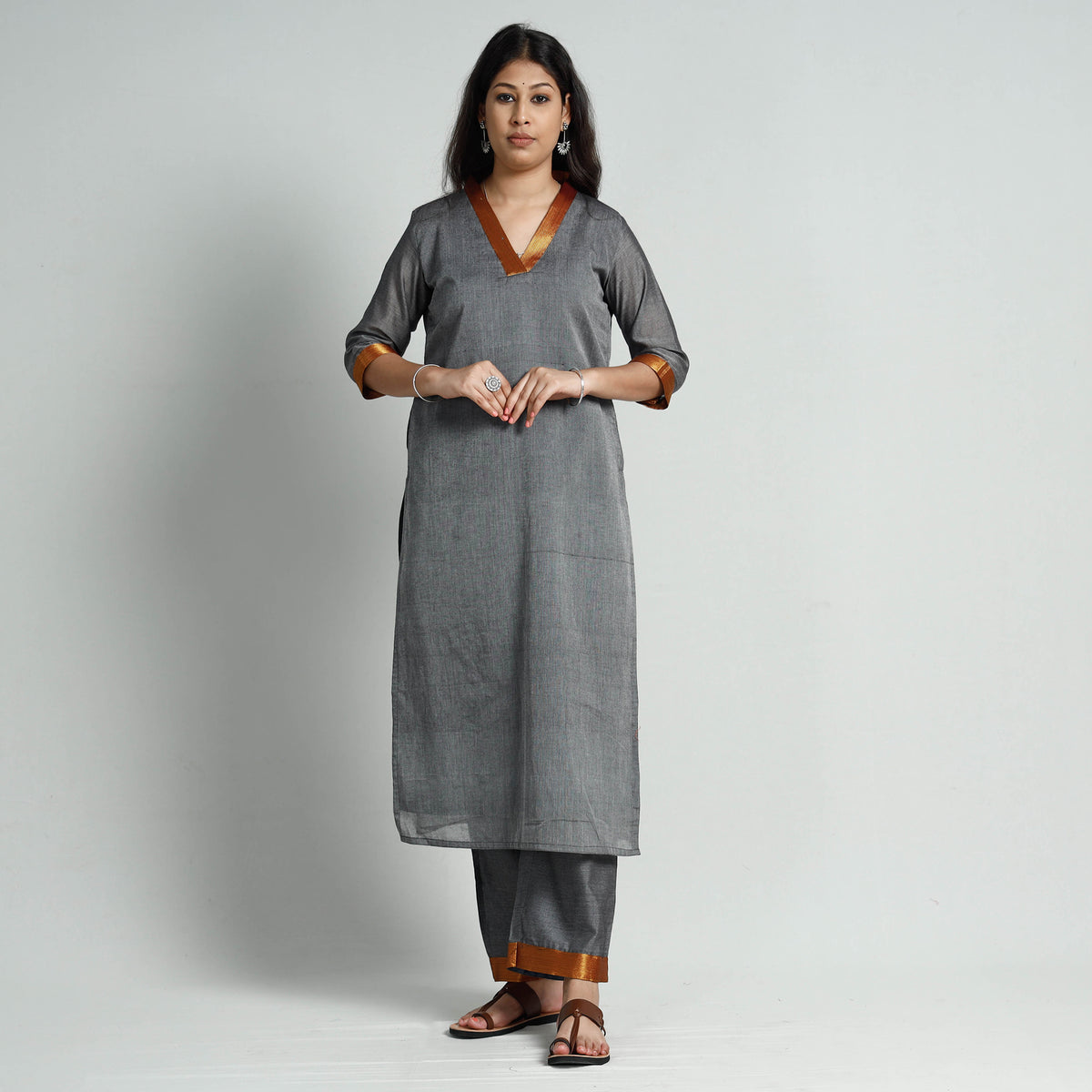 Grey Dharwad Cotton Stitched Kurti with Palazzo &amp; Dupatta Set