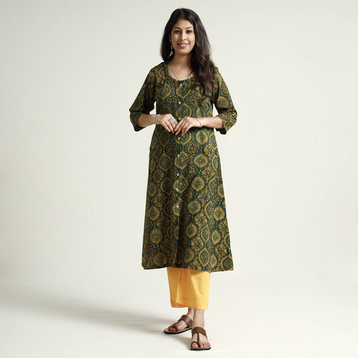 Ajrakh Block Printed Cotton Stitched Kurti with Palazzo Set