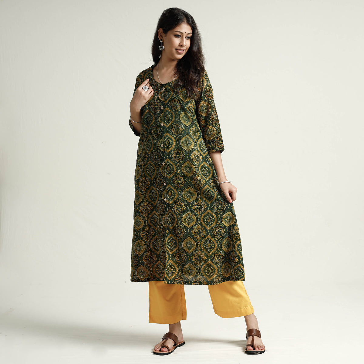 Ajrakh Block Printed Cotton Stitched Kurti with Palazzo Set