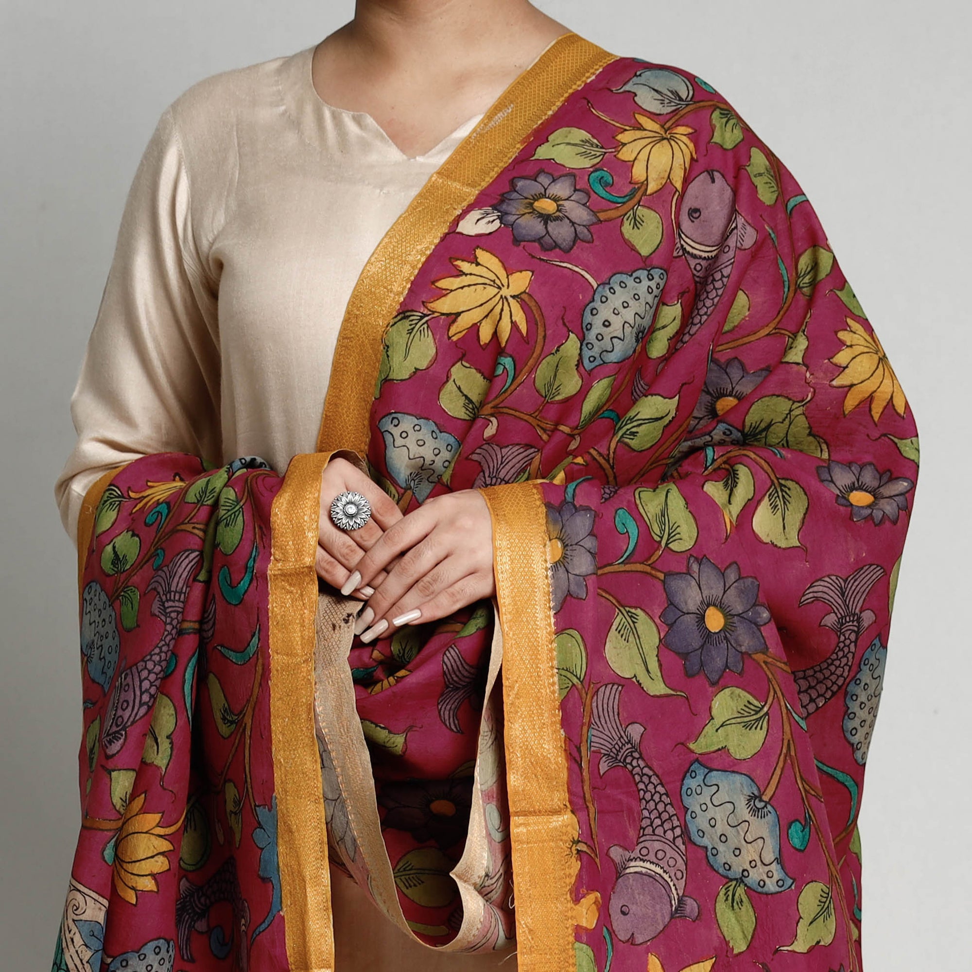 Blue - Srikalahasti Pen Work Kalamkari Silk Cotton Handpainted Dupatta