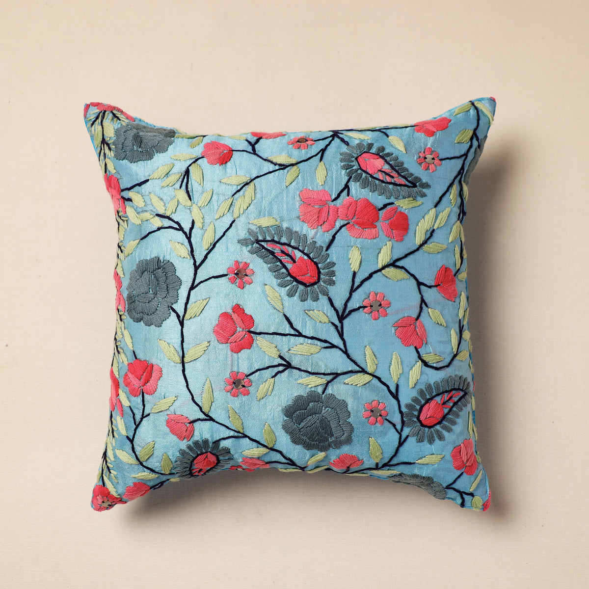Phulkari Hand Embroidery Chanderi Silk Cushion Cover (16 x 16 in)