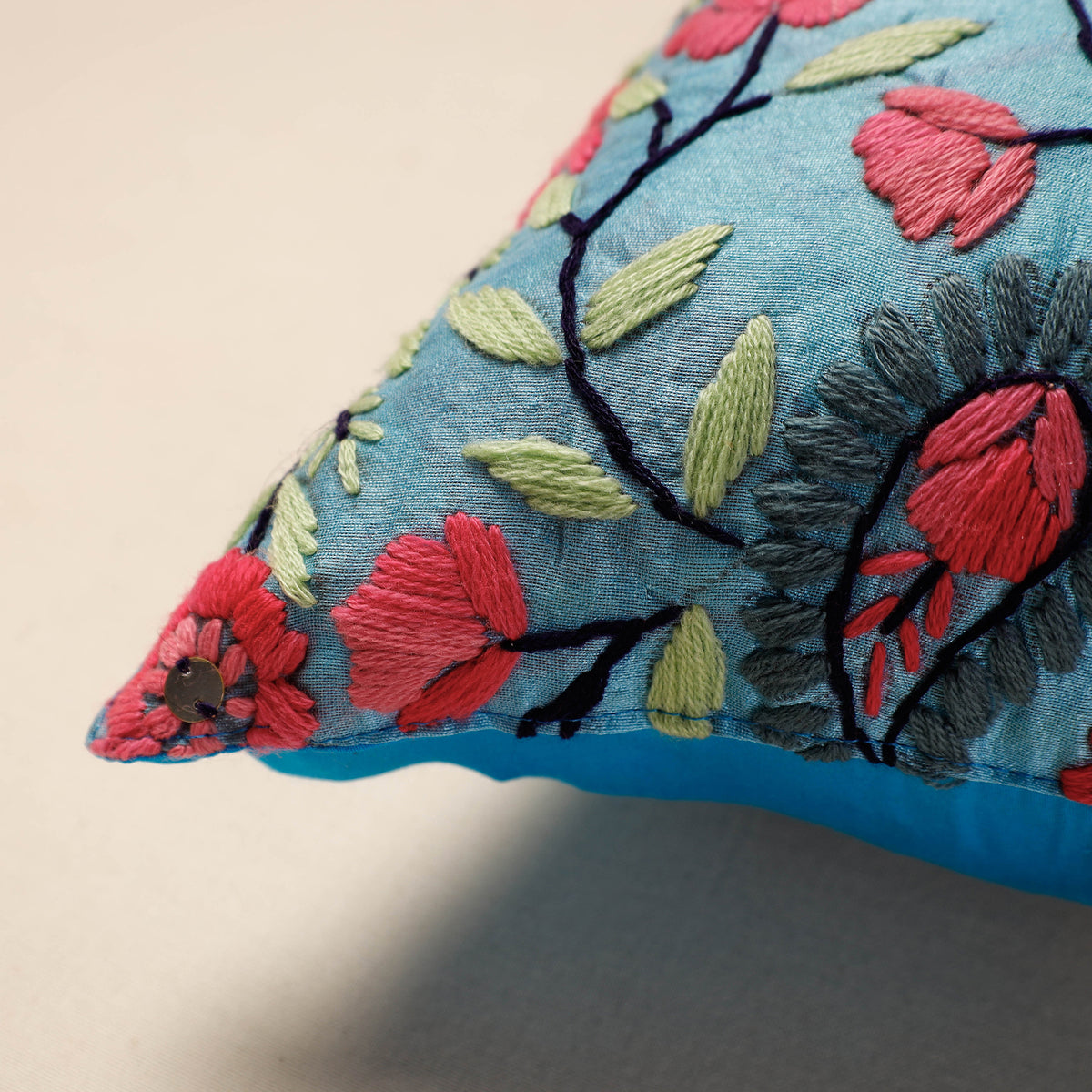 Phulkari Hand Embroidery Chanderi Silk Cushion Cover (16 x 16 in)