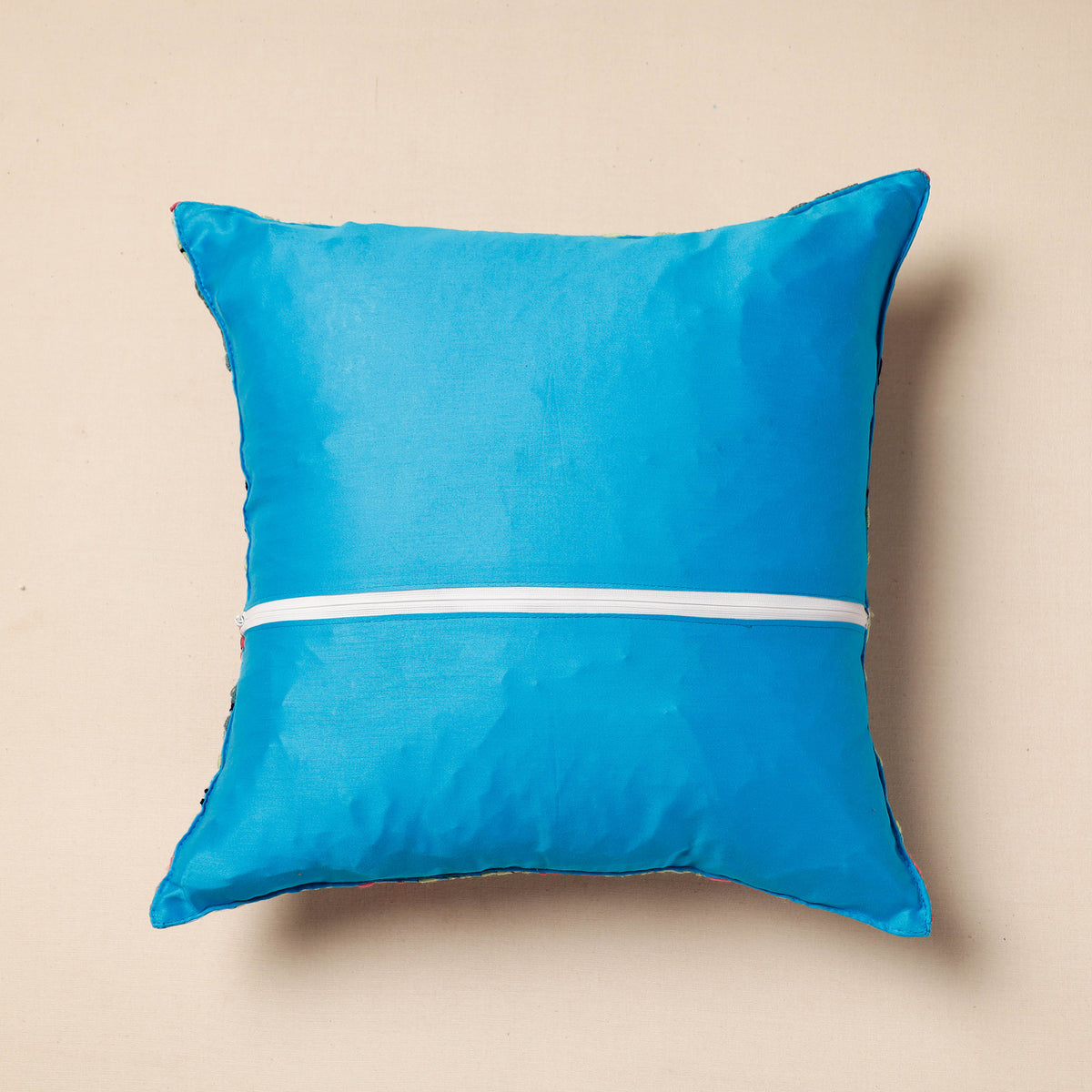 Phulkari Hand Embroidery Chanderi Silk Cushion Cover (16 x 16 in)
