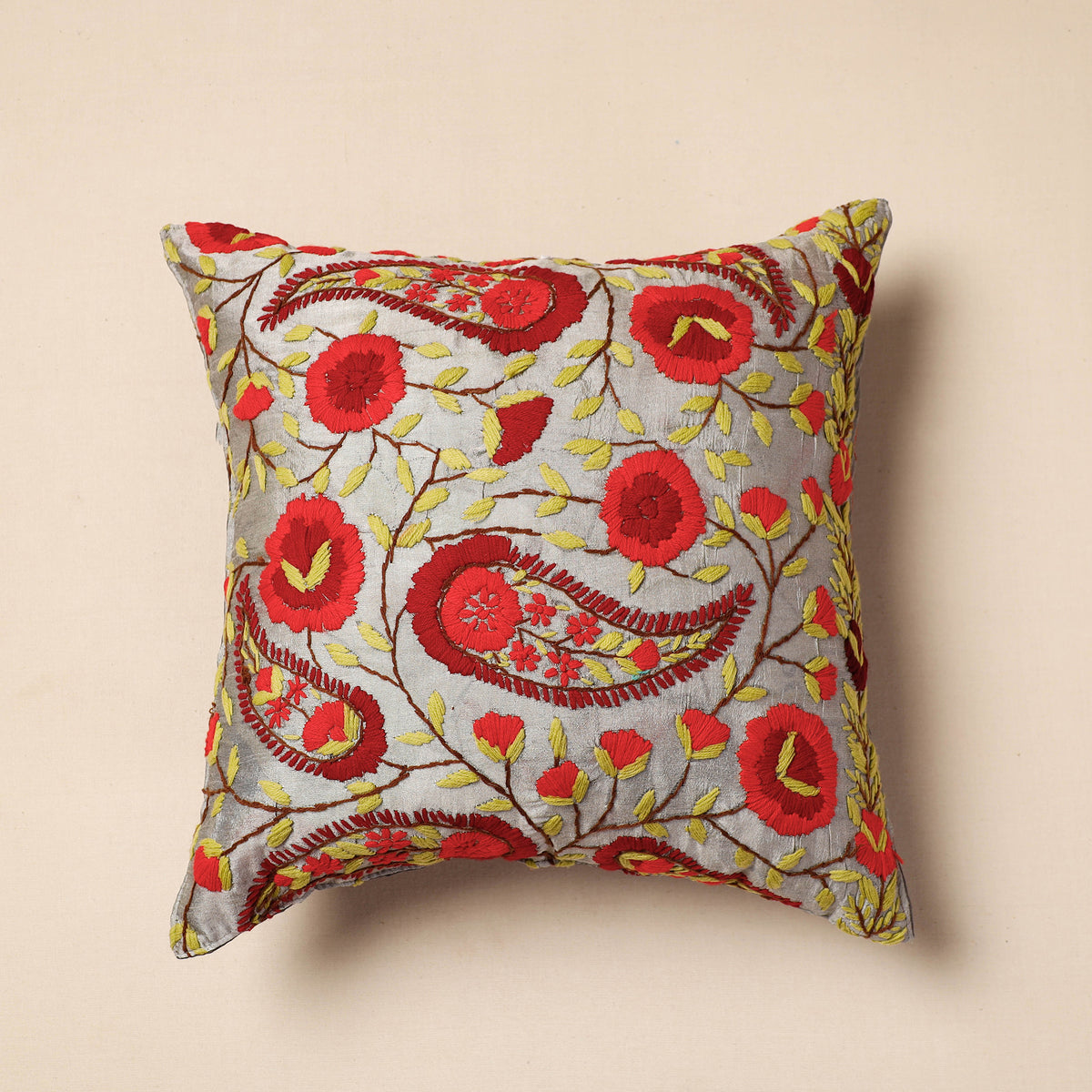 Phulkari Hand Embroidery Chanderi Silk Cushion Cover (16 x 16 in)