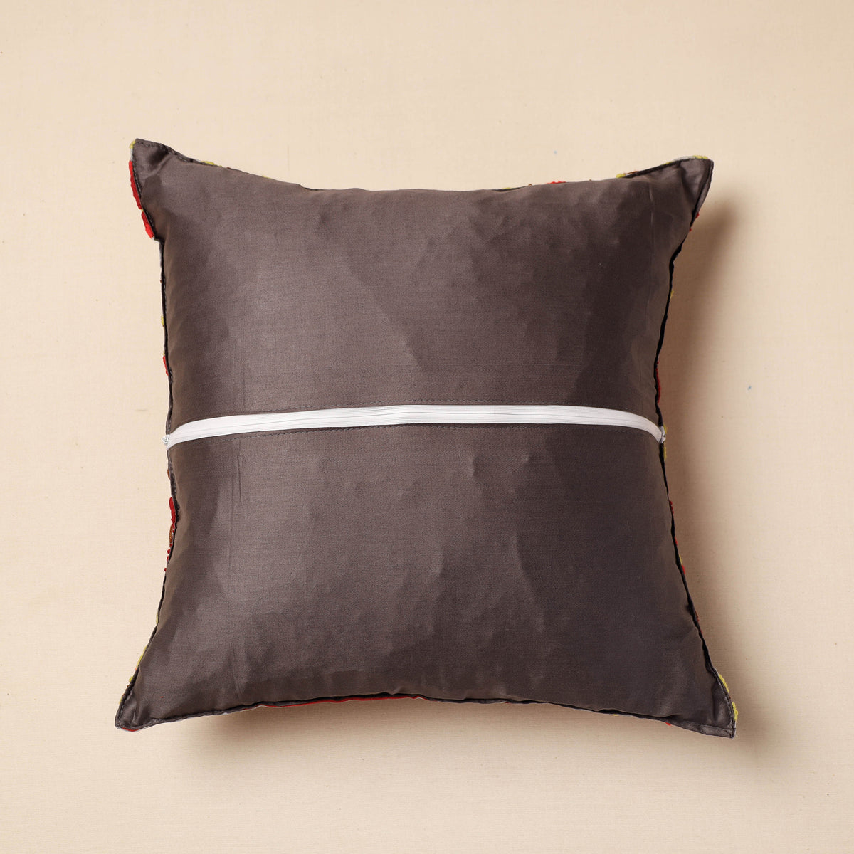 Phulkari Hand Embroidery Chanderi Silk Cushion Cover (16 x 16 in)