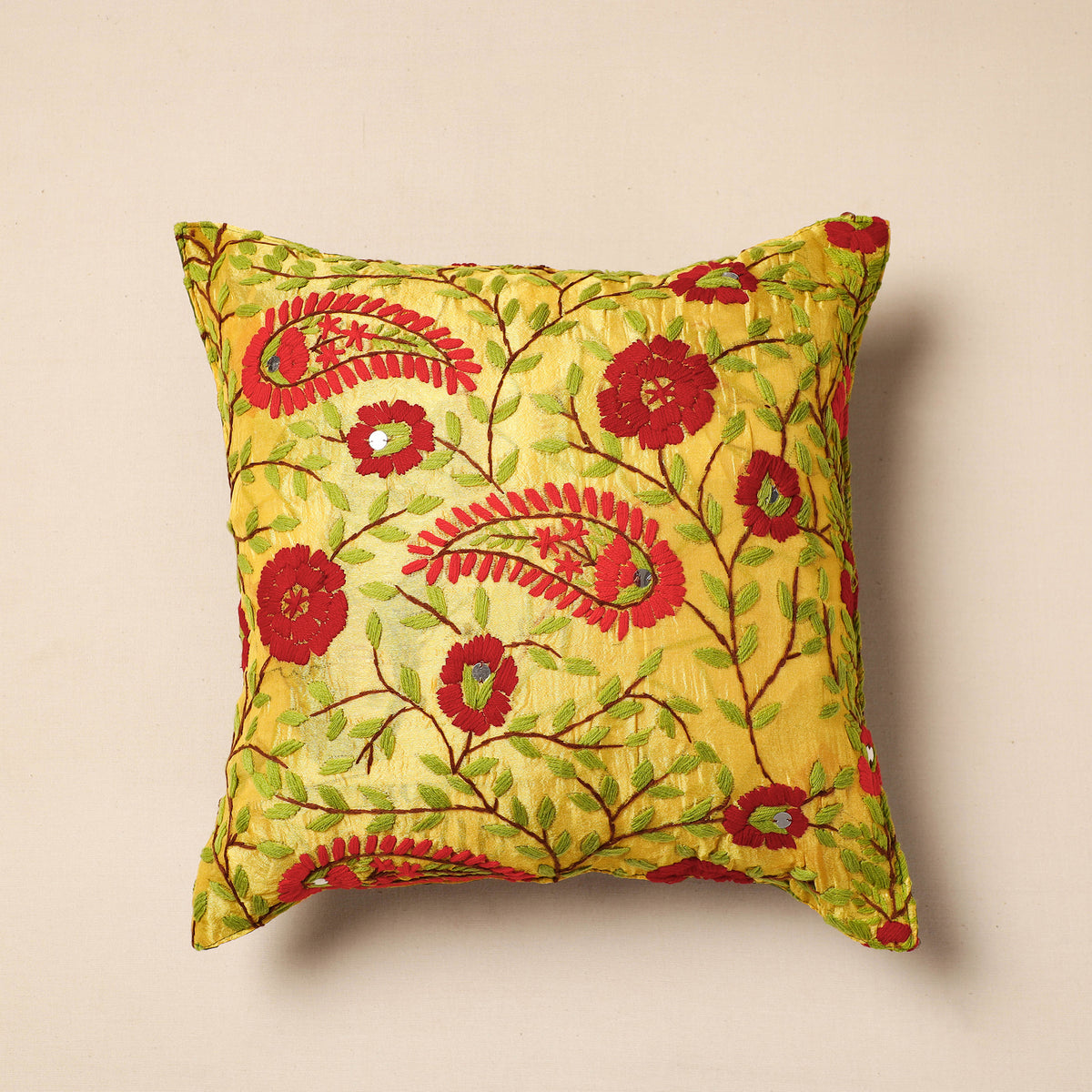 Phulkari Hand Embroidery Chanderi Silk Cushion Cover (16 x 16 in)