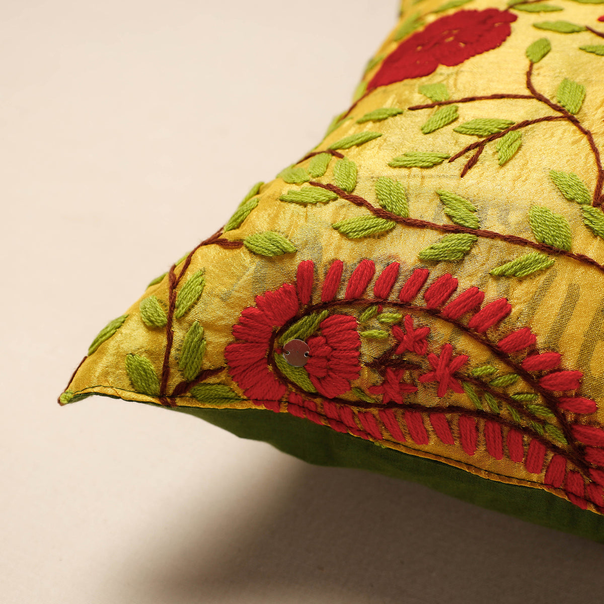 Phulkari Hand Embroidery Chanderi Silk Cushion Cover (16 x 16 in)