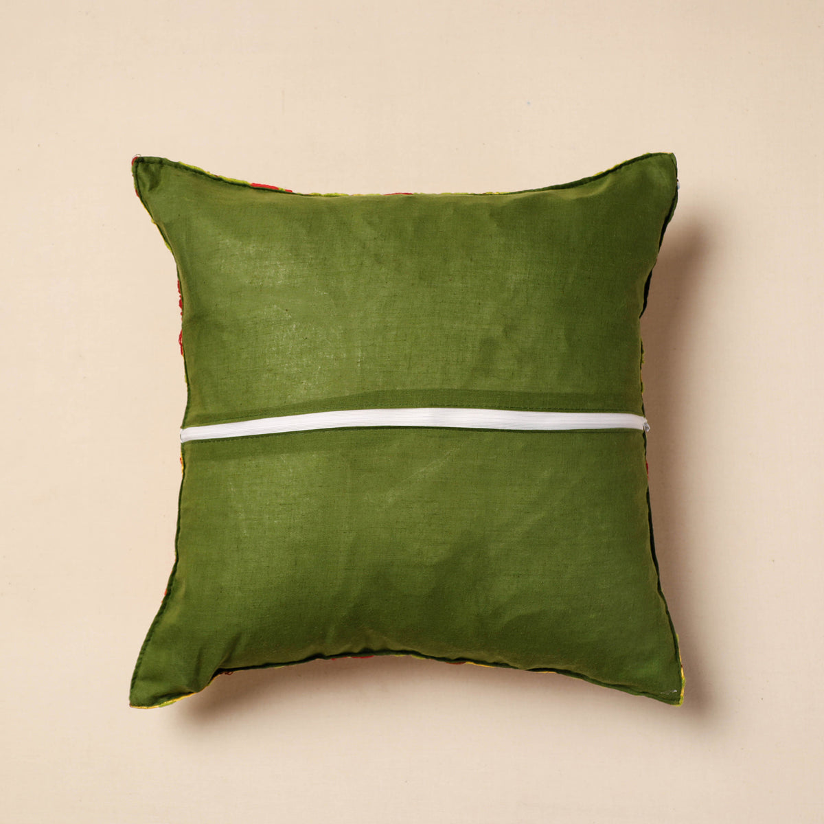 Phulkari Hand Embroidery Chanderi Silk Cushion Cover (16 x 16 in)