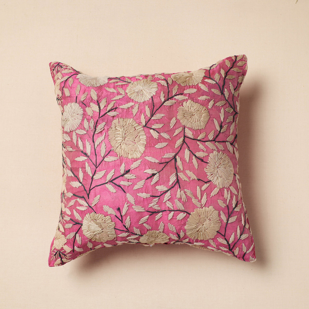 Phulkari Hand Embroidery Chanderi Silk Cushion Cover (16 x 16 in)