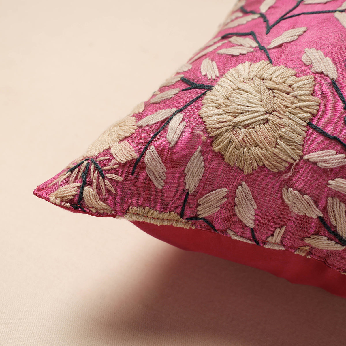 Phulkari Hand Embroidery Chanderi Silk Cushion Cover (16 x 16 in)