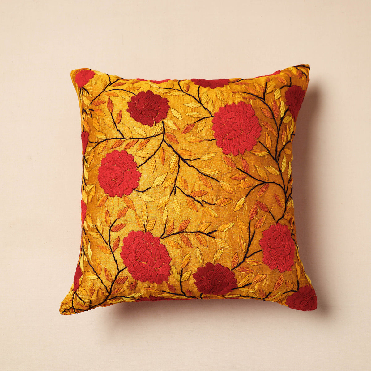 Phulkari Hand Embroidery Chanderi Silk Cushion Cover (16 x 16 in)