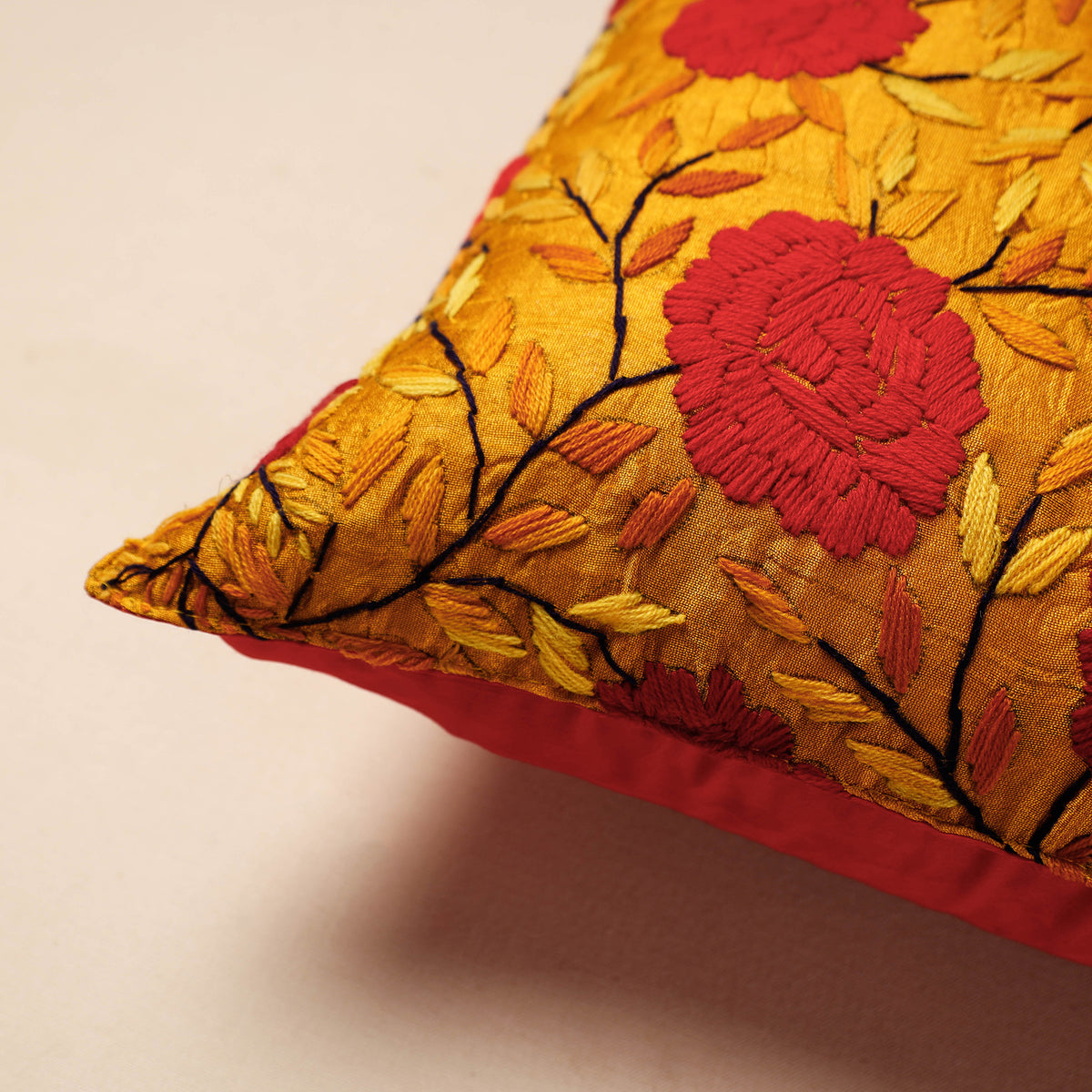 Phulkari Hand Embroidery Chanderi Silk Cushion Cover (16 x 16 in)